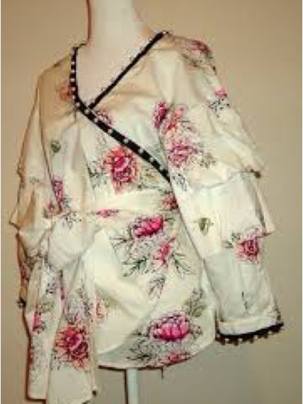 Relativity Cream Floral Wrap Top with Pink Roses and Black Trim